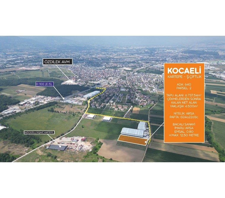 6.737m² EMSAL 0.80 H.MAX 12.50M BACALI SANAYİ ARSASI