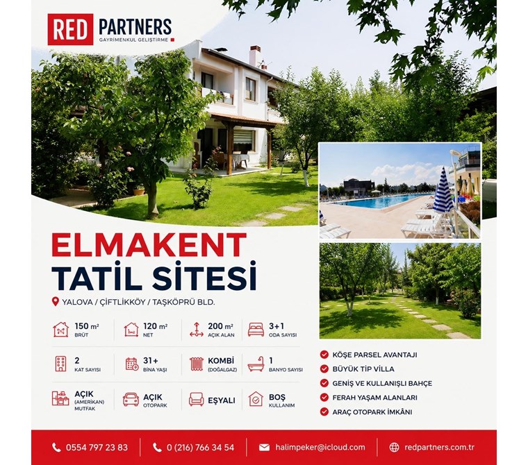 Yalova Çiftlikköy Elmakent Tatil Sitesinde Köşe Tip Büyük Villa Geniş Bahçe Ve Teraslı
