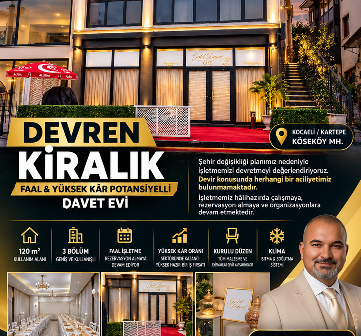 KARTEPE KÖSEKÖY’DE FAAL,YÜKSEK KÂR POTANSİYELLİ DAVET EVİ DEVREN KİRALIK