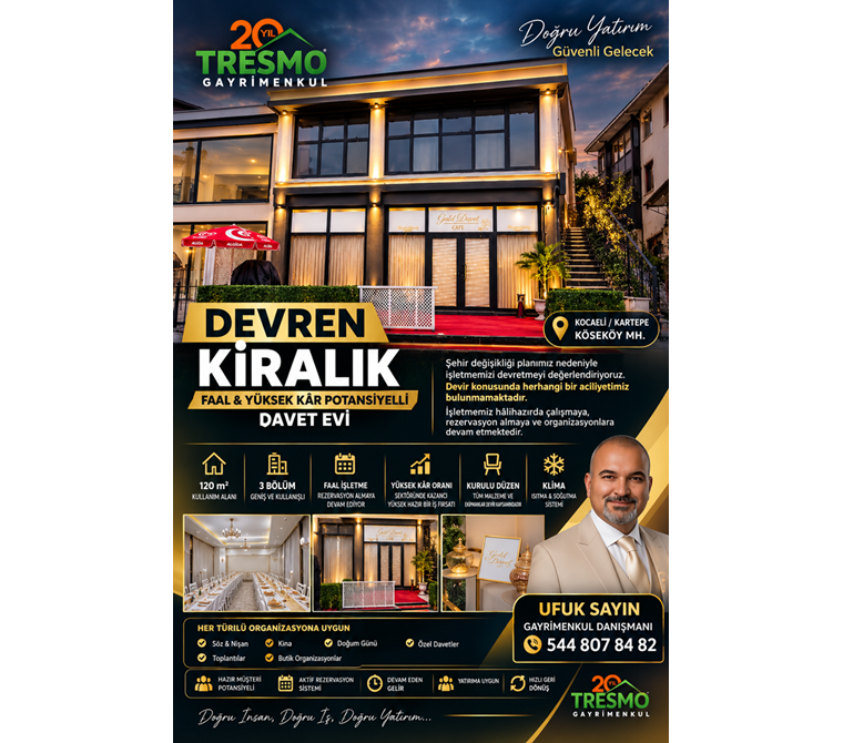 KARTEPE KÖSEKÖY’DE FAAL,YÜKSEK KÂR POTANSİYELLİ DAVET EVİ DEVREN KİRALIK