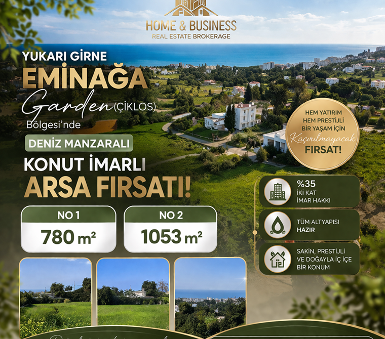 Yukarı Girne Eminağa Garden (Ciklos) bölgesi’nde, deniz manzaralı konut imarlı arsa fırsatı! 🌿🌊