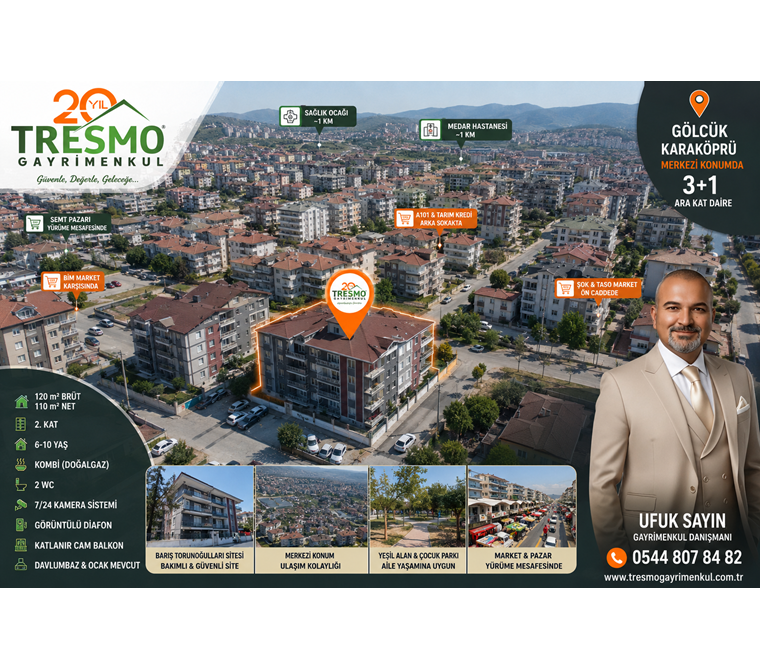 GÖLCÜK KARAKÖPRÜ'DE MERKEZİ KONUMDA 3+1 ARA KAT DAİRE