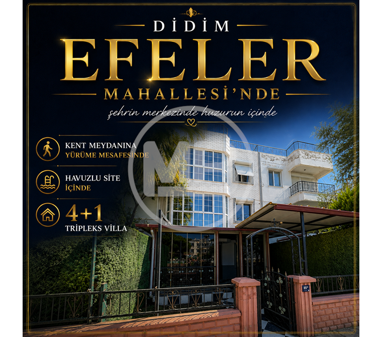 DİDİM EFELER'DE KENT MEYDANINA YAKIN HAVUZLU SİTEDE 4+1 TRİPLEKS VİLLA