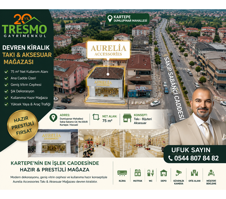 KARTEPE DUMlUPINAR’DA ANA CADDE ÜZERİ • 75 m² • ŞIK DEKORASYONLU AKSESUAR & TAKI MAĞAZASI