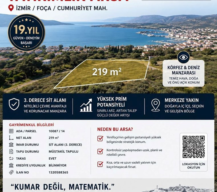 Yenifoça Cumhuriyet Mah Yatırımlık, Deniz Manzaralı 219 m² Arsa