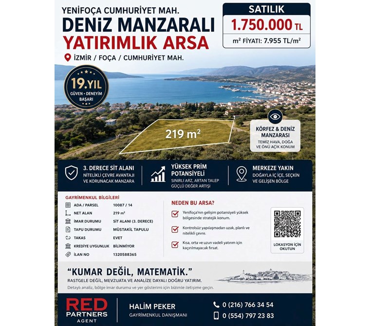 Yenifoça Cumhuriyet Mah Yatırımlık, Deniz Manzaralı 219 m² Arsa