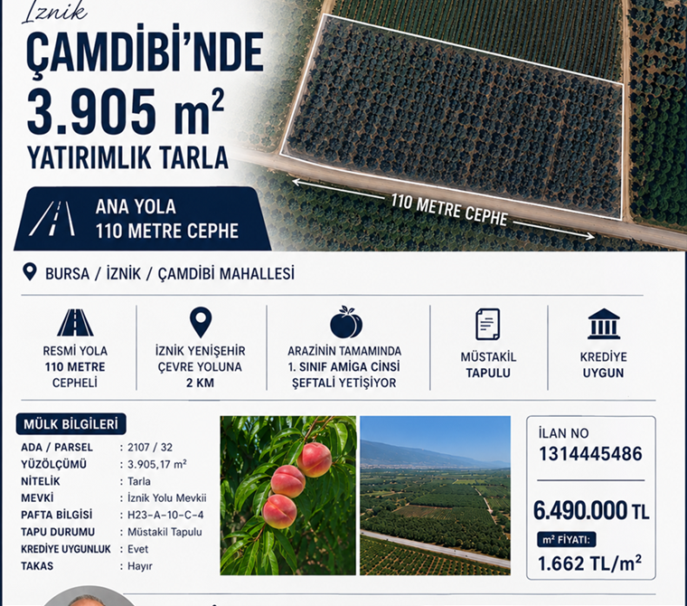 İznik Çamdibi Yatırımlık Ana Yola 110 metre cephe