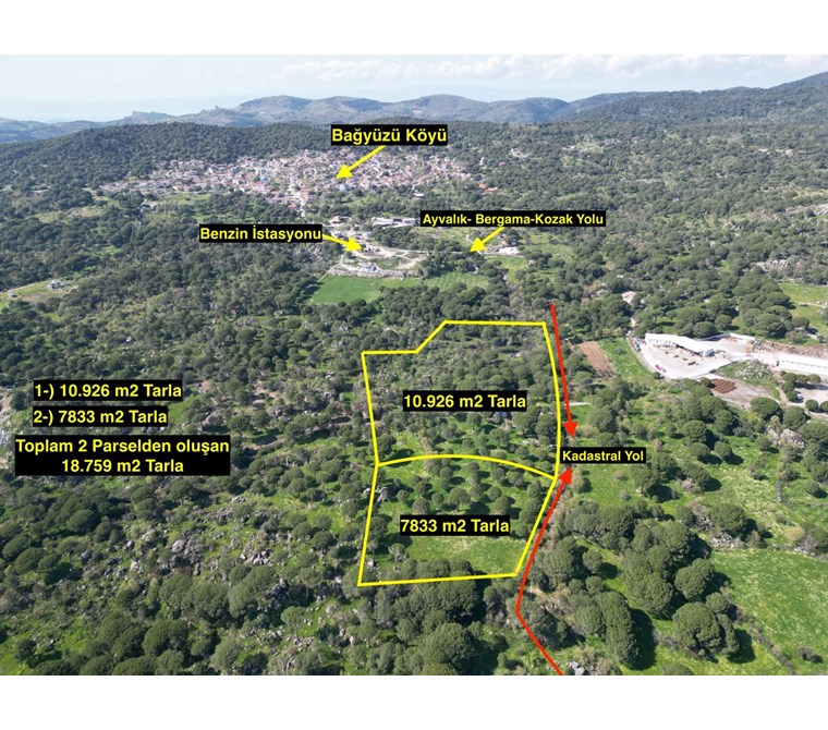 AYVALIK BAĞYÜZÜNDE SATILIK 18.759M2 ÇİFTLİK YAPIMINA UYGUN TARLA