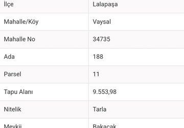 SATILIK EDİRNE LALAPAŞA VAYSAL'DA 2.2 DÖNÜM ARSA 7.3 DÖNÜM TARLA