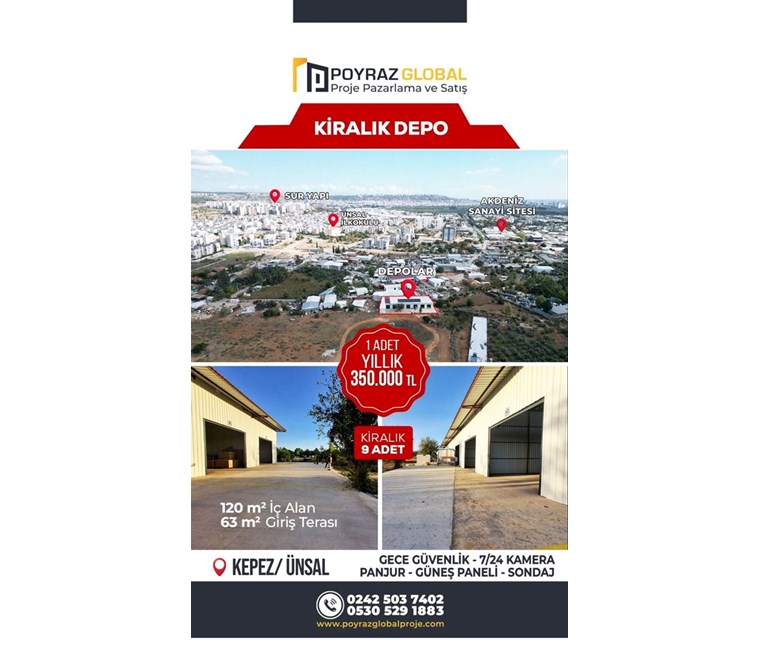 POYRAZ'DAN ÜNSAL MAHALLESİNDE 120m² KİRALIK DEPO