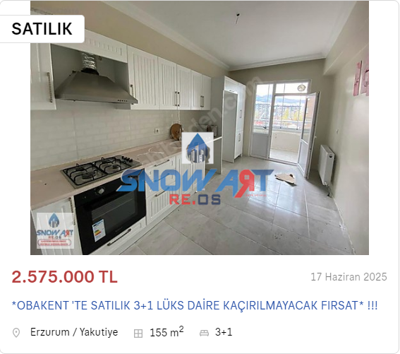 *OBAKENT 'TE SATILIK 3+1 LÜKS DAİRE KAÇIRILMAYACAK FIRSAT* !!!