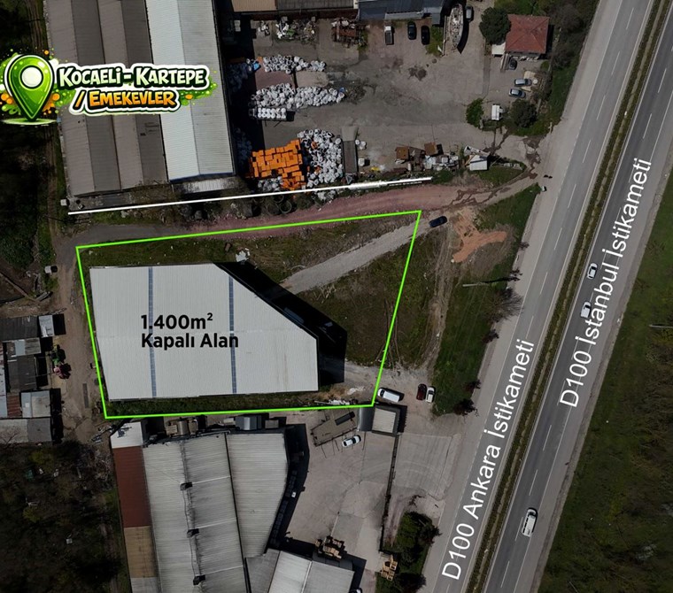 Kartepe D-100'e Cephe 3670 m² Arsa İçinde 1400m² Kapalı 2270m² Açık Alanlı Üretim ve Depolama Tesisi
