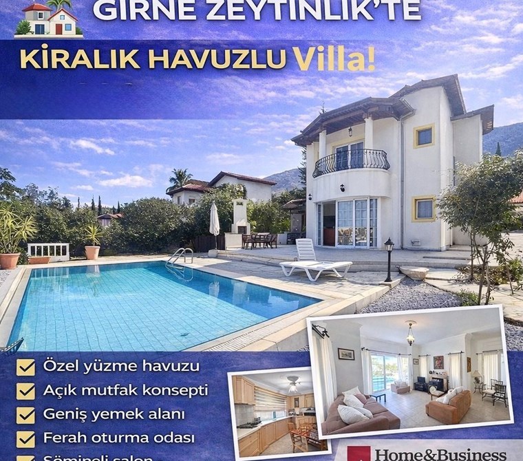 GİRNE ZEYTİNLİK’TE KİRALIK HAVUZLU VİLLA
