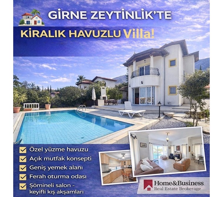 GİRNE ZEYTİNLİK’TE KİRALIK HAVUZLU VİLLA